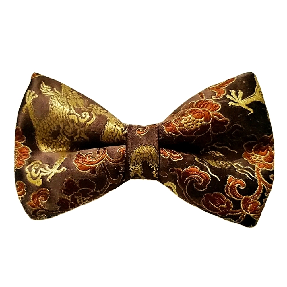 NEW Handmade DRAGON Silk Brocade Bowtie! Pre-tied. 4.5" x 2.75". Brown. Unisex